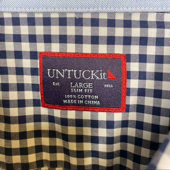 Untuckit Button-Down Blue & White Gingham Check Shirt Men’s Size Large - Picture 3 of 9